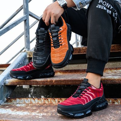 kupować Flyknit Kevlar poduszkowane powietrzem buty ochronne dla pracowników przemysłowych w pomarańczowy czerwony czarny online manufacture